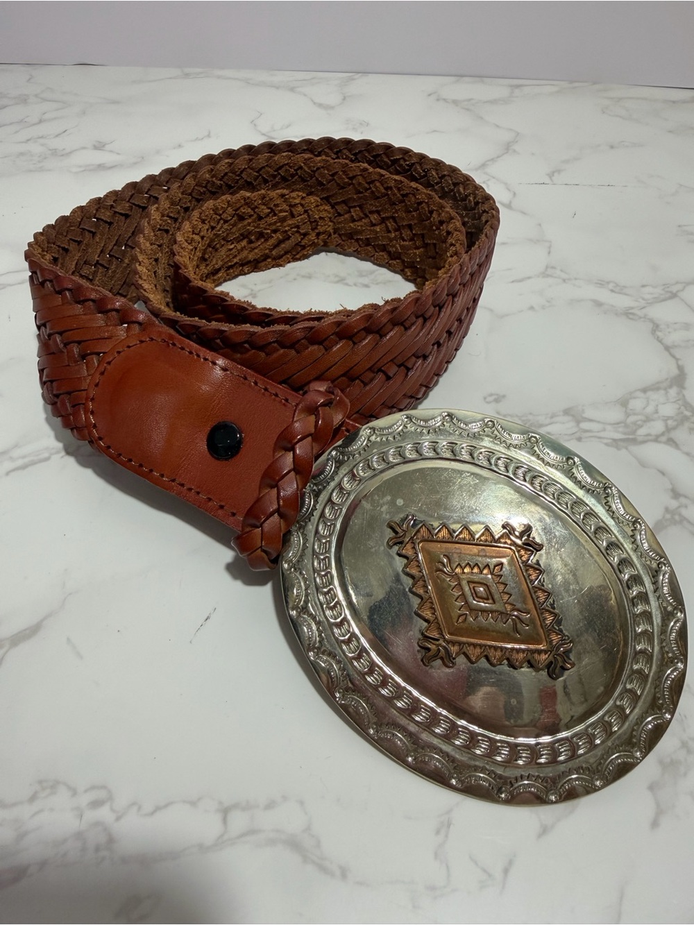 Vintage Woven Brown Leather Belt with Decorative Silver-Tone Buckle - M - Picture 6 of 8